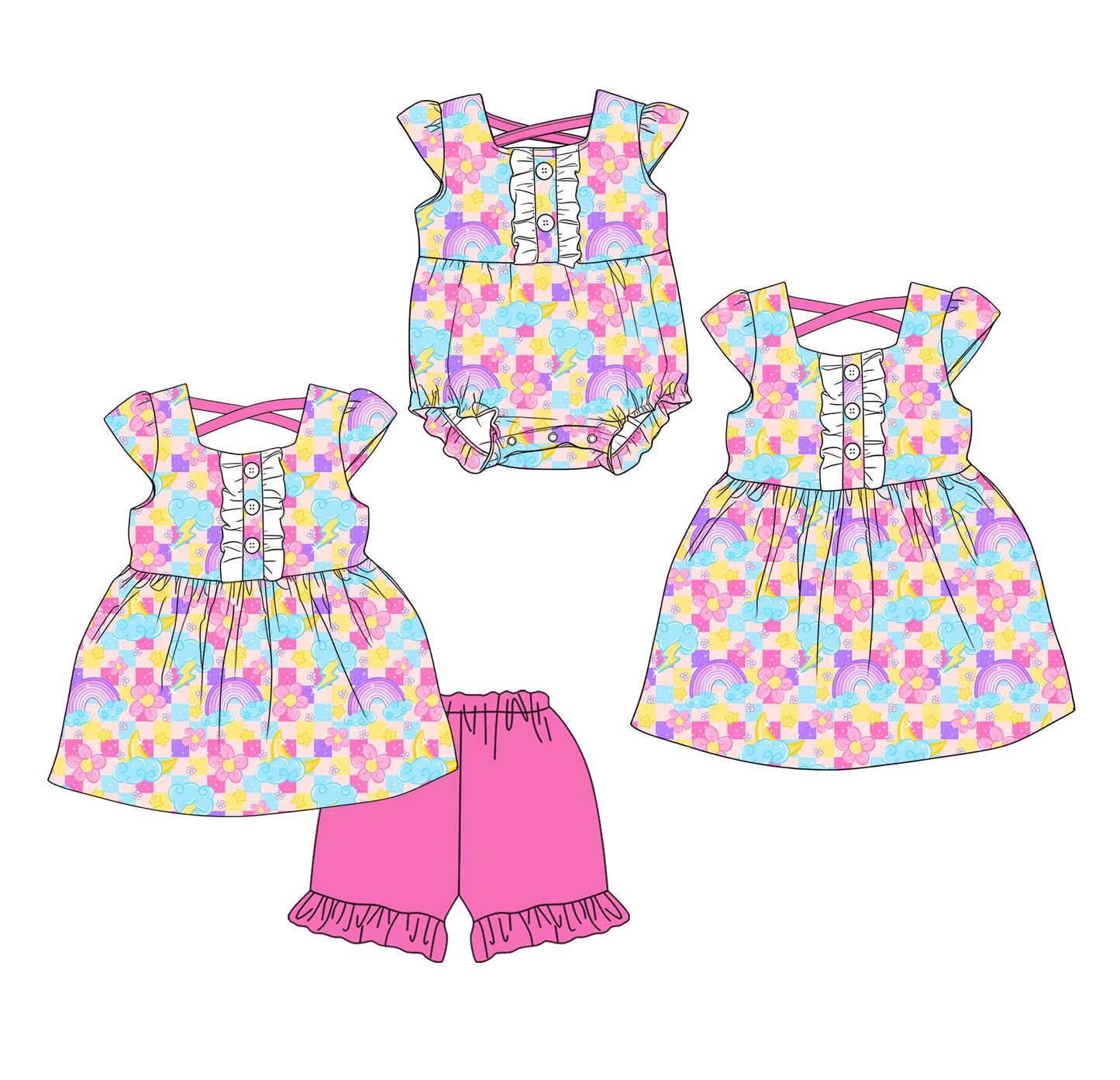 Custom moq 5 mix size Sibling Baby Girl's plaid  pink Short-Sleeved Top And Shorts Set Cute Romper Dress for Spring Summer