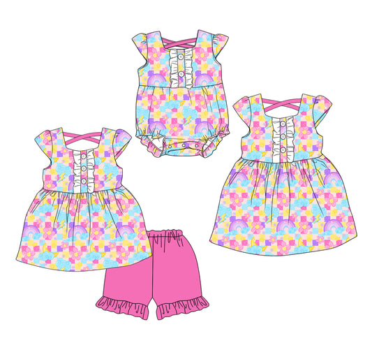 Custom moq 5 mix size Sibling Baby Girl's plaid  pink Short-Sleeved Top And Shorts Set Cute Romper Dress for Spring Summer
