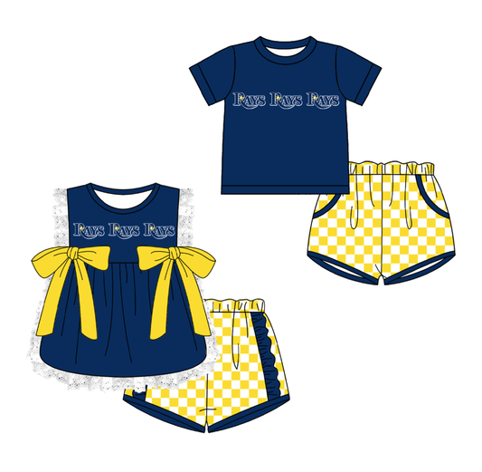 Custom moq 5 mix size milk silk summer teams Navy Blue  Girl Sleeveless Top And Plaid Shorts Set with Bow Boy Short Sleeved Top And Plaid Shorts Set