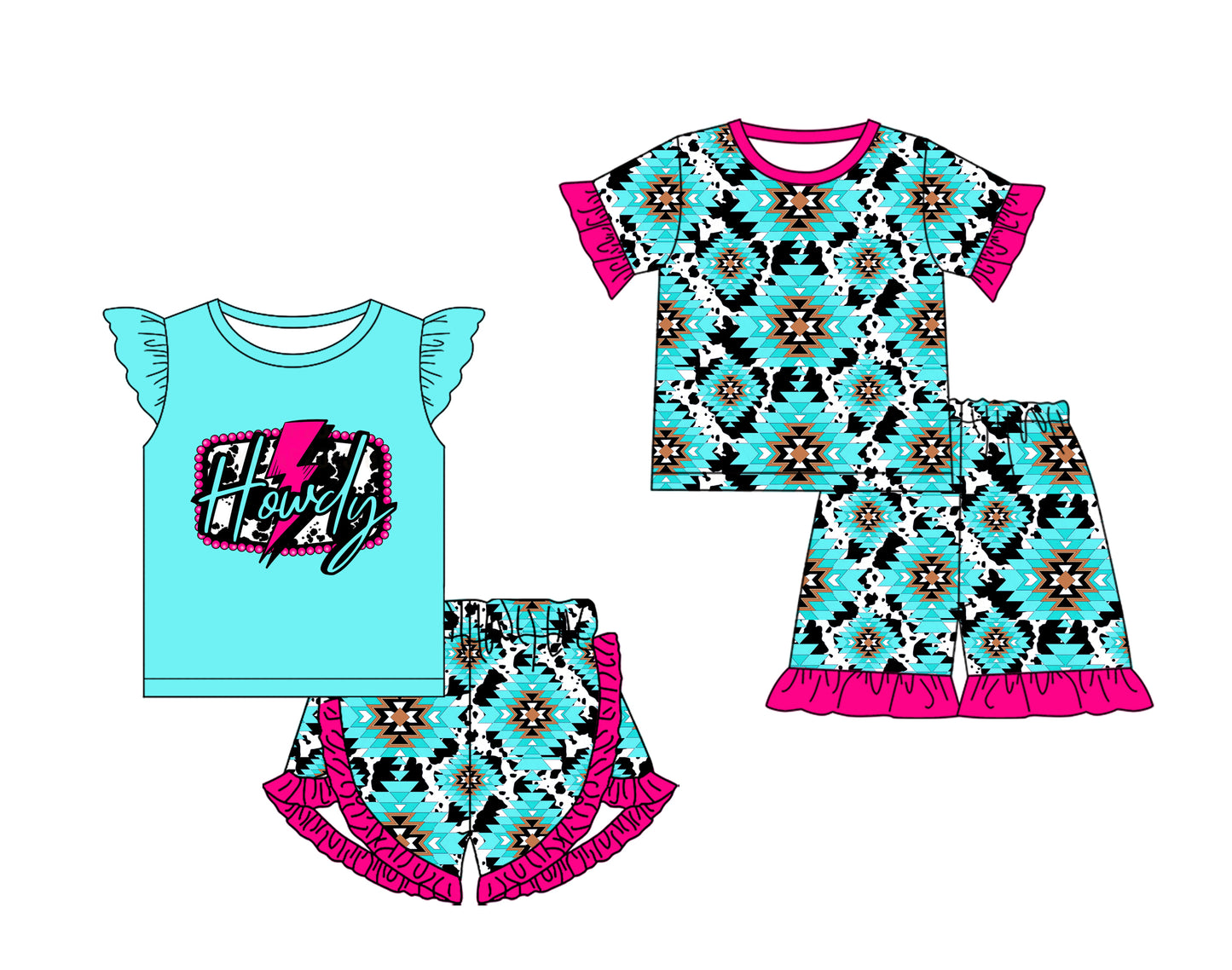 3.6 custom each style moq 5eta 4-6week Sibling Sister Howdy baby girls short sleeve set and set 2 match design