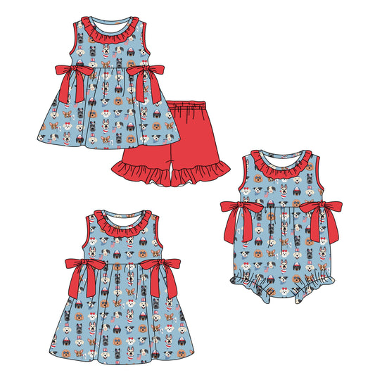 26.1.24 custom each style moq 5 eta 6-8week Sibling Sister bow flag baby short sleeve shorts sets and romper and dress match design
