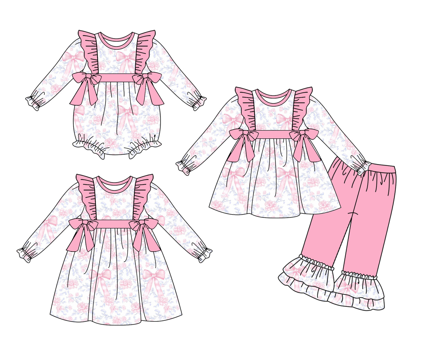 25.9.20 custom each style moq 8 eta 6-8week Sibling Sisters bow floral baby girl long sleeve pants sets and dress and rompers match family design