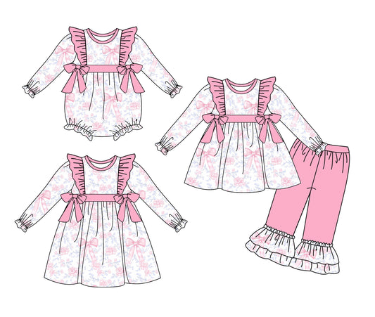 25.9.20 custom each style moq 8 eta 6-8week Sibling Sisters bow floral baby girl long sleeve pants sets and dress and rompers match family design