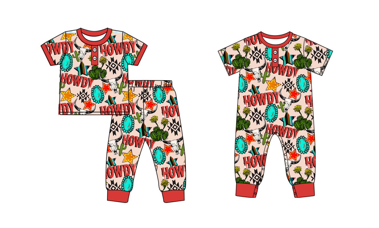 4.13 Custom moq 5 mix size Sibling Baby Boy Western Cactus Short-Sleeved Pajama Set Short Sleeve Romper