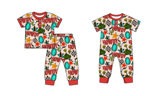 4.13 Custom moq 5 mix size Sibling Baby Boy Western Cactus Short-Sleeved Pajama Set Short Sleeve Romper