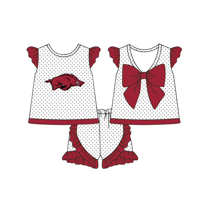 Custom moq 5 mix size milk silk summer teams Baby Girls Red and White Polka Dot Flutter Sleeve Top with Bow Back and Ruffle Shorts Cheerleader Team Clothing Set