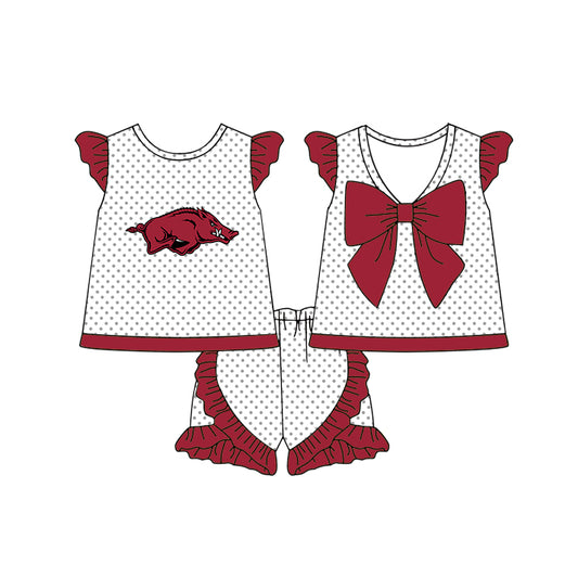 Custom moq 5 mix size milk silk summer teams Baby Girls Red and White Polka Dot Flutter Sleeve Top with Bow Back and Ruffle Shorts Cheerleader Team Clothing Set