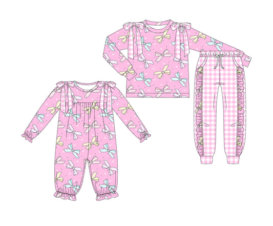 25.9.6 custom each style moq 5eta 4-6week Sibling Sisters bow pink baby girl clothes long sleeve pants sets and romper match family design