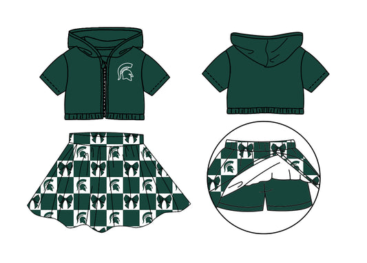 Custom moq 3 or 5 mix size milk silk summer teams baby girl clothes bow dark green zipper hooded short sleeve shorts skirts sets-26.1.21