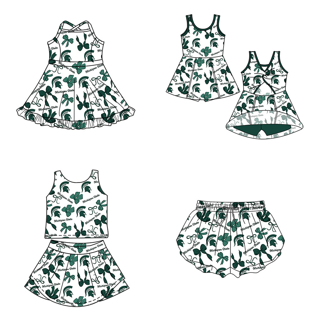Custom moq 5 mix size milk silk summer teams Baby Girls Green Bow Vest Top Skirt Shorts Sets Sleeveless Knee Length Dresses Yoga Shorts Yoga Active Outfit