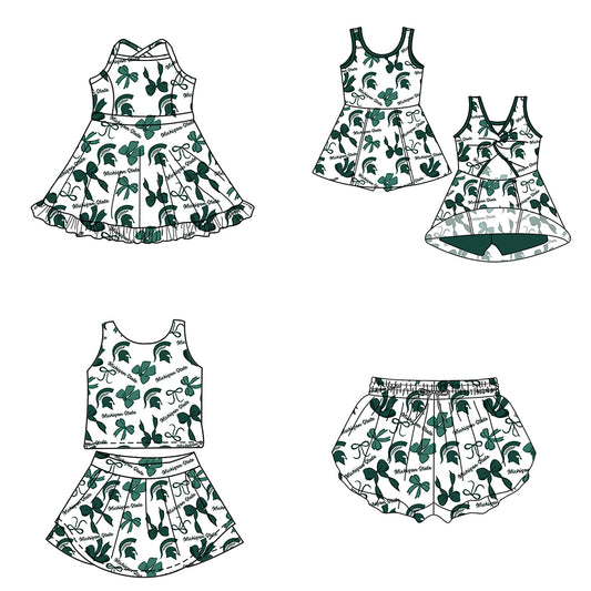 Custom moq 5 mix size milk silk summer teams Baby Girls Green Bow Vest Top Skirt Shorts Sets Sleeveless Knee Length Dresses Yoga Shorts Yoga Active Outfit