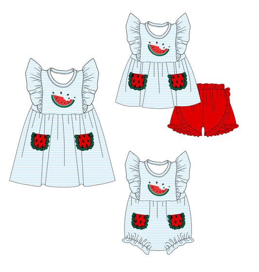 3.23 Custom moq 5 mix size Sibling Baby Girl's Stripe Flutter Sleeve Tunic Red Ruffle Shorts Set Cute Romper Dress for Summer