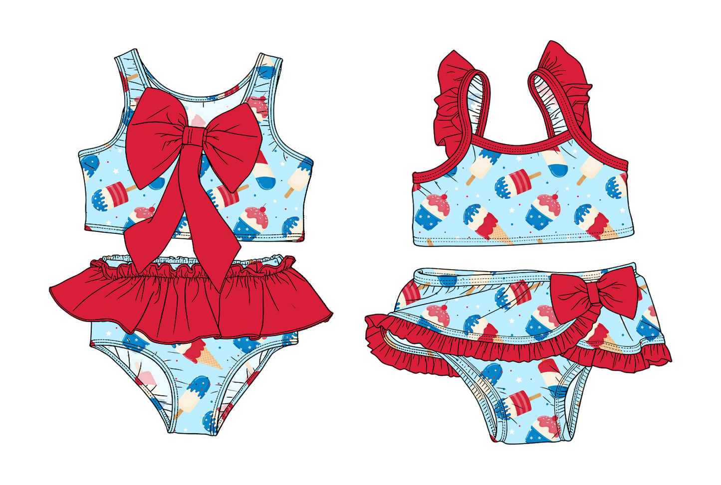 3.14 Custom moq 5 mix size Sibling Baby Girls 4th of July Sleeveless Top With Bow Bummies Two-Piece Set Infant Swimwear