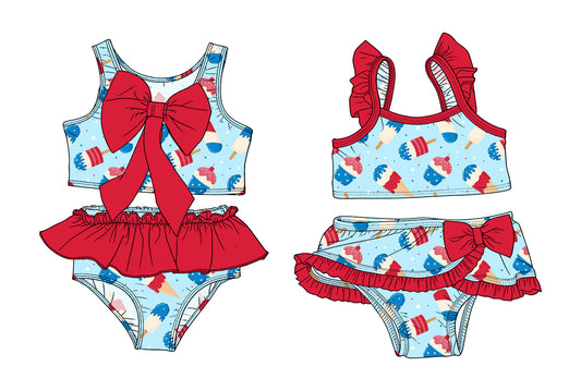3.14 Custom moq 5 mix size Sibling Baby Girls 4th of July Sleeveless Top With Bow Bummies Two-Piece Set Infant Swimwear