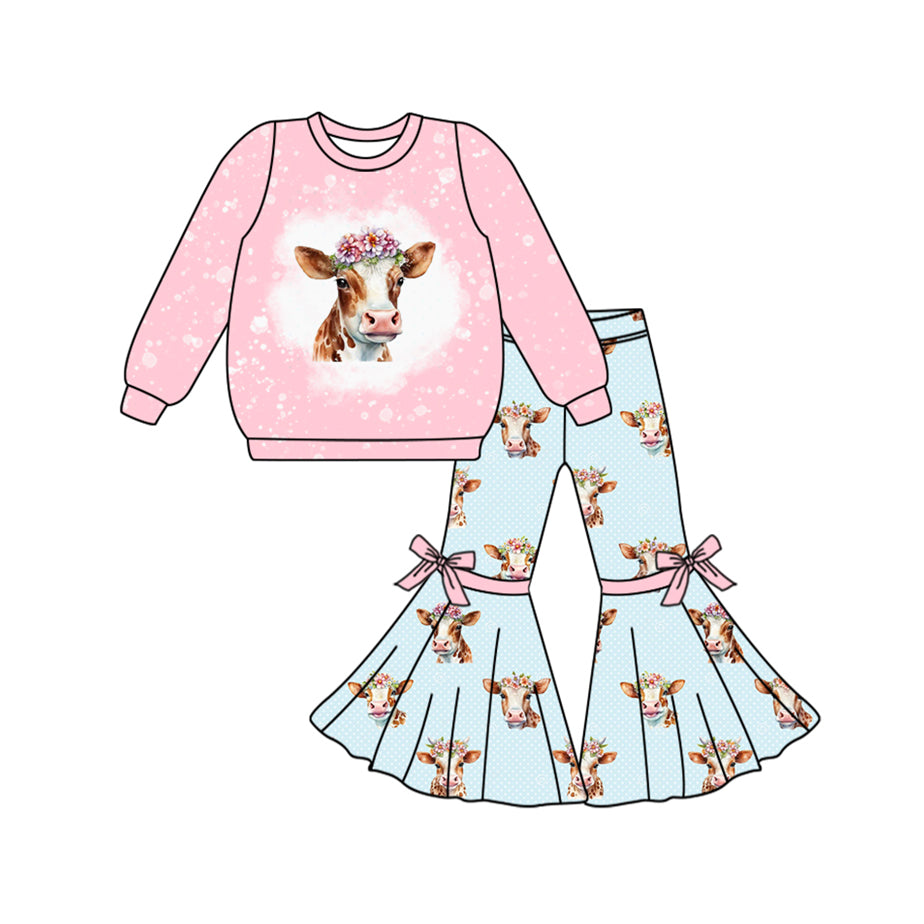 8.31 custom each style moq 5eta 4-6week Sibling Sister cow head pink baby girls sets and rompers match family design