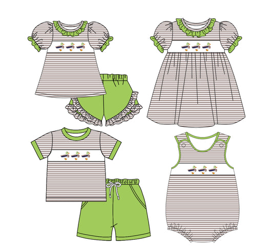 25.10.31 custom each style moq 5 eta 6-8week Sibling Sister duck baby short sleeve shorts sets 2 and romper and dress match design