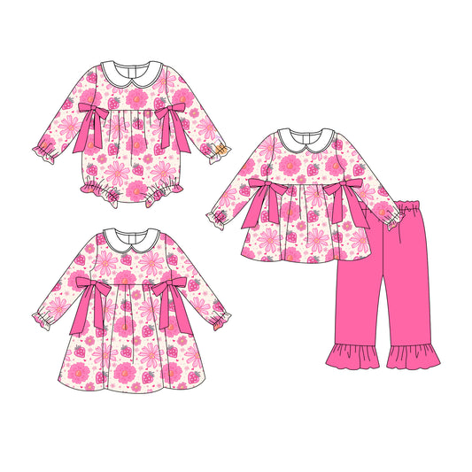 25.7.4 custom each style moq 5eta 4-6week Sibling Sisters floral pink baby girl long sleeve pants sets and dress and rompers match family design