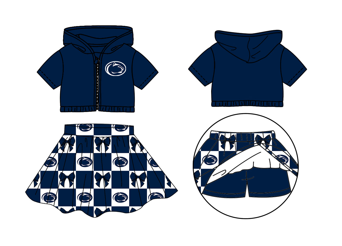 Custom moq 3 or 5 mix size milk silk summer teams baby girl clothes bow dark blue zipper hooded short sleeve shorts skirts sets-26.1.23