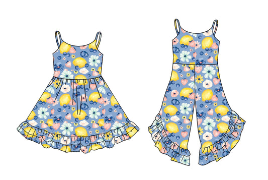 3.1 custom each style moq 5eta 4-6week Sibling Sister lemon floral baby girl dress and jumpsuit match family design