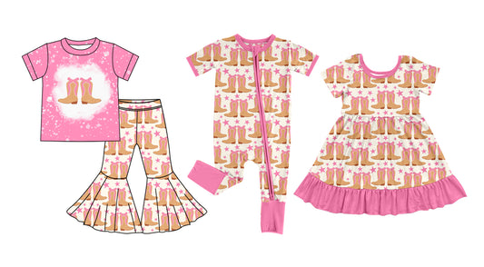 25.5.22 custom each style moq 5eta 4-6week Sibling Sisters boots stars pink baby girl short sleeve pants sets and dress and rompers match family design
