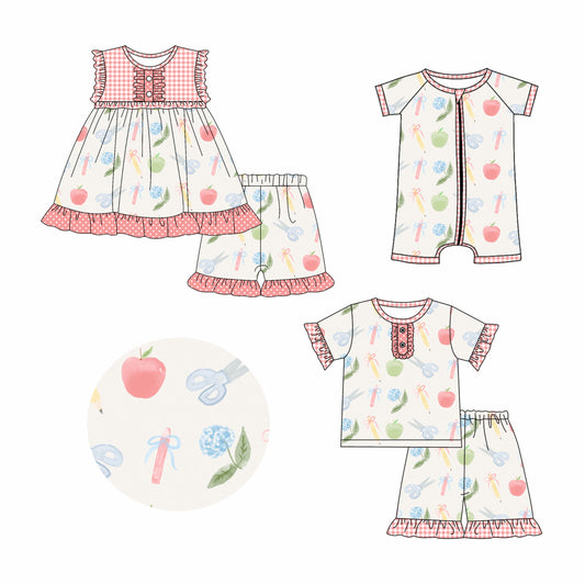3.12 custom each style moq 5eta 4-6week Sibling Sister apple bow baby girl short sleeve shorts sets and sets 2 and boy romper match design