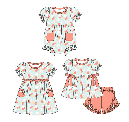 11.22 custom each style moq 5eta 4-6week Sibling Sister easter bunny baby girl short sleeve shorts sets and dress and rompers match family design