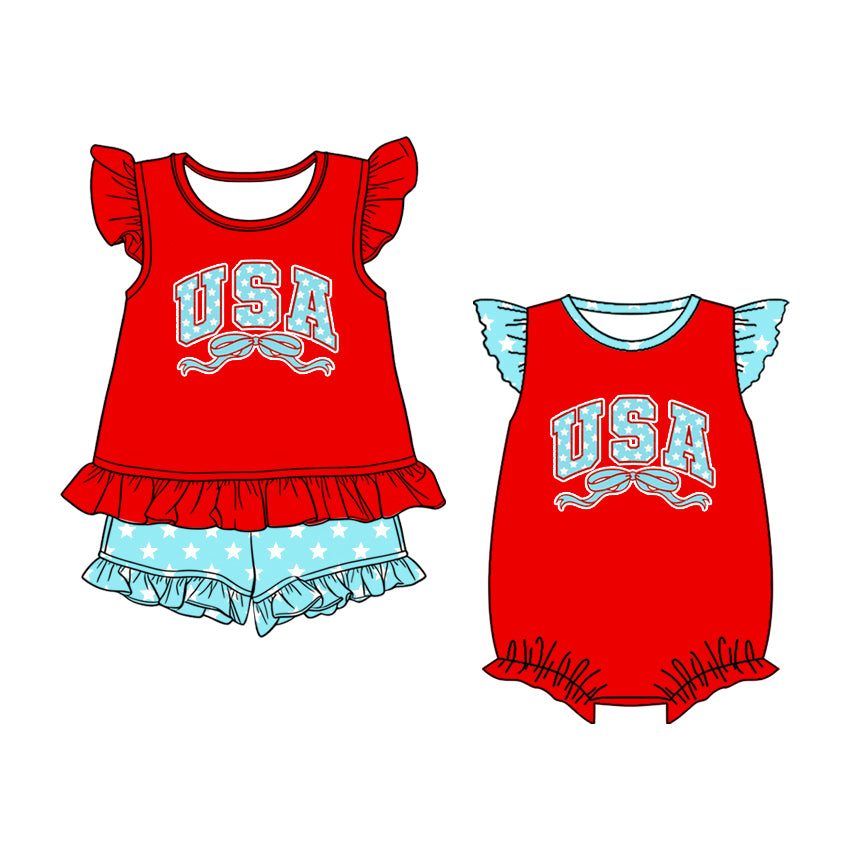 2.27 Custom moq 5 mix size Sibling Baby Girl's Red Flutter-Sleeved Top And Shorts Romper Set Cute Infant 4th of July Outfit for Girls