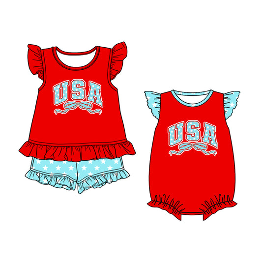 2.27 Custom moq 5 mix size Sibling Baby Girl's Red Flutter-Sleeved Top And Shorts Romper Set Cute Infant 4th of July Outfit for Girls