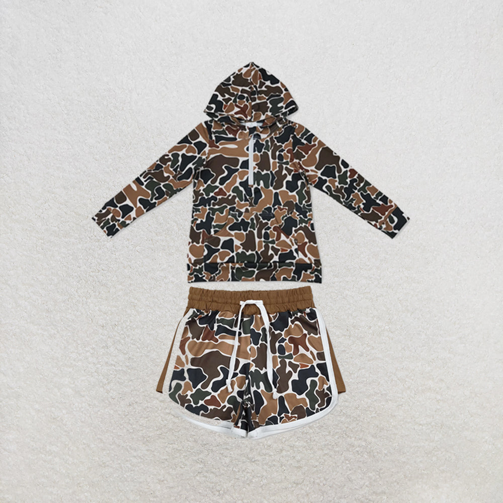 RTS NO MOQ Sibling milk silk Baby Boys Brown Camo Printed Hoodie Top Pocket Short Clothes Set Daily Outfit