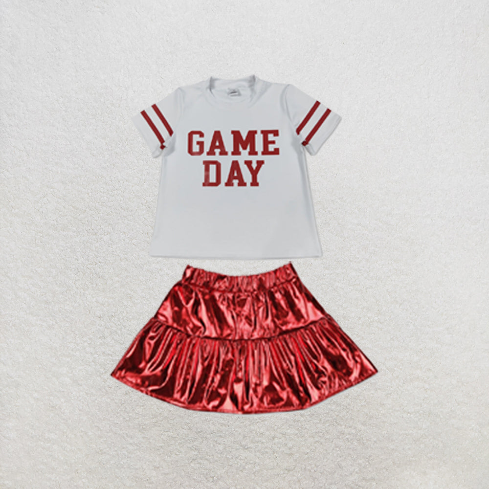 RTS NO MOQ Sibling yoga fabric Baby Girls Vinyl Red Game Day Print Top Matching Shorts Two Piece Team Active Clothes Set
