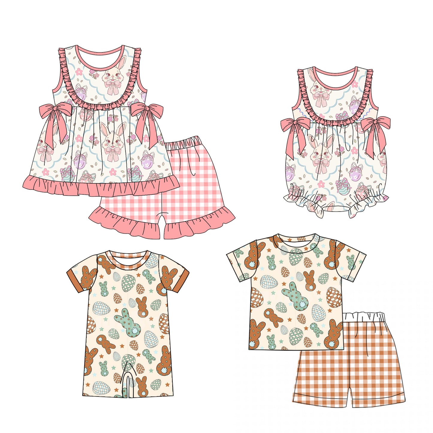 25.12.27 custom each style moq 5 eta 6-8week Sibling Sister bunny bow baby short sleeve shorts sets 2 and romper 2 match design