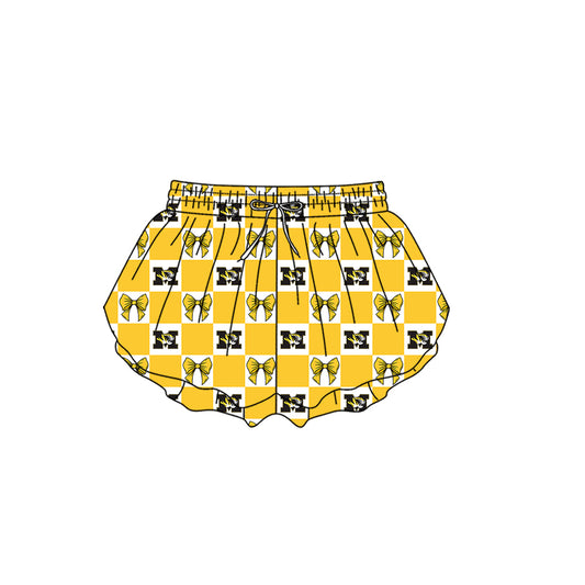 Custom moq 3 or 5 mix size milk silk summer teams baby girl clothes bow yellow summer shorts-26.1.19