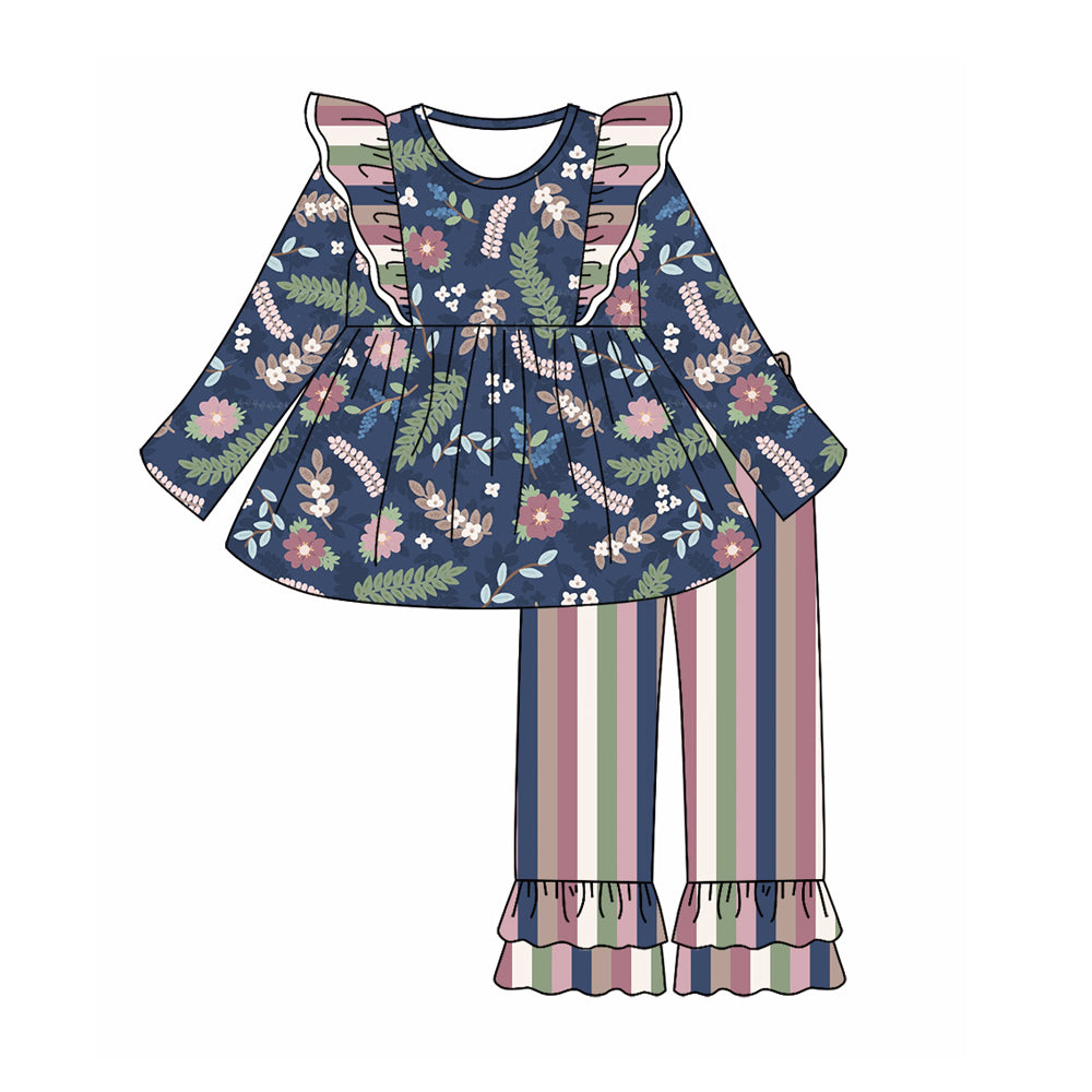 7.5 custom each style moq 5eta 4-6week Sibling Sister floral navy blue baby girls sets and dress and rompers match family design