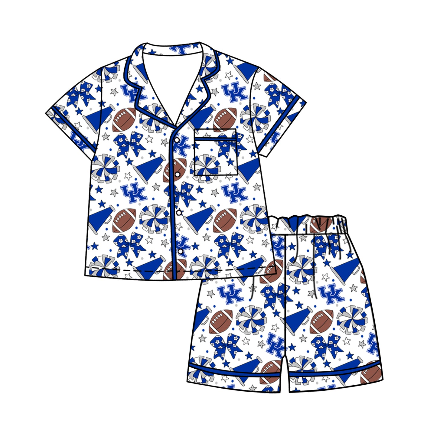 Custom moq 5 mix size milk silk summer teams Baby Girls Blue Bows Button Pocket Top Short Pajamas Sets Cute Infant Sleepwear