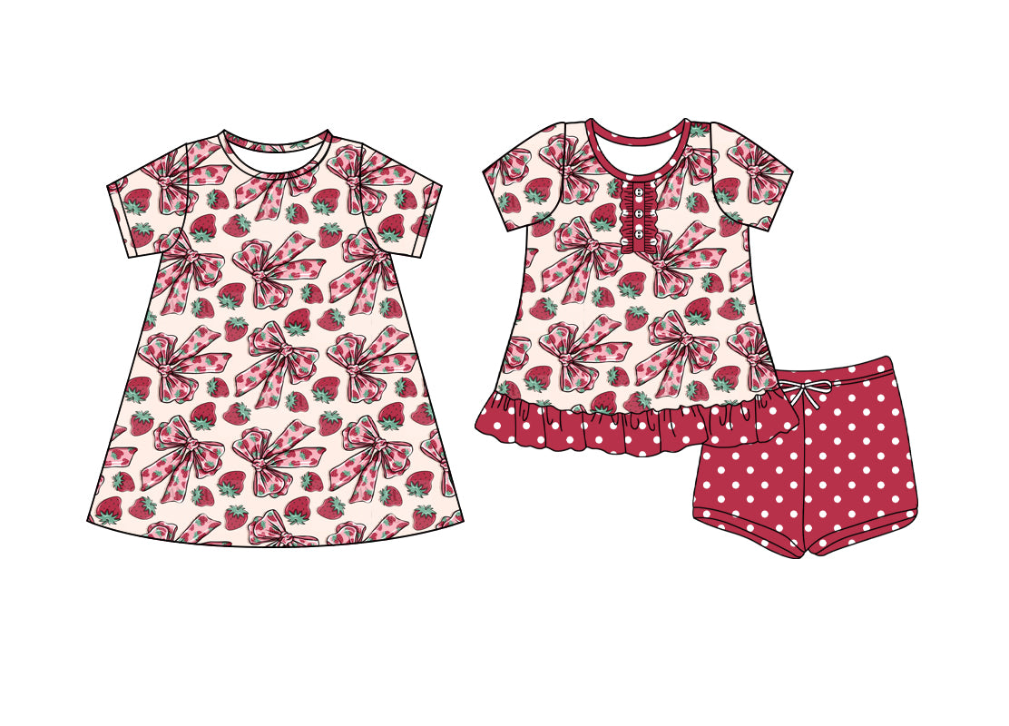 4.7 custom each style moq 5eta 4-6week Sibling Sister bow strawberry baby girl short sleeve shorts sets and dresses match design