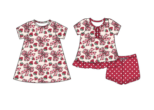 4.7 custom each style moq 5eta 4-6week Sibling Sister bow strawberry baby girl short sleeve shorts sets and dresses match design