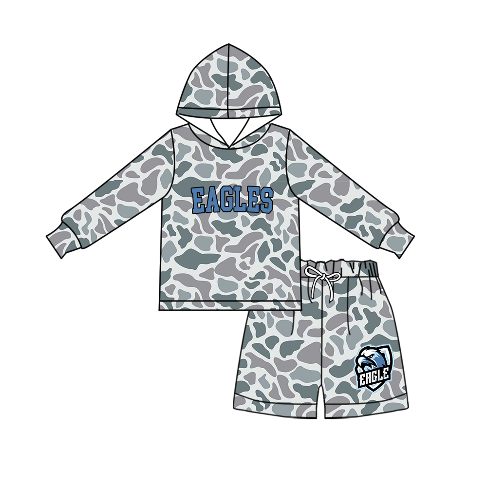 custom moq 5 mix size MSD072305 Baby Kids Camo Long Sleeve Hoodie Top Camo Shorts Team Set