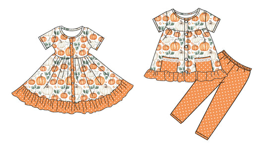 4.28 custom each style moq 5eta 4-6week Sibling Sister pumpkin baby girl pants sets and dress match family design