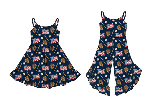 2.24 custom each style moq 5eta 4-6week Sibling Sister flag baseball baby girl dress and jumpsuit match family design