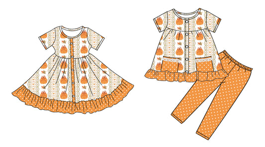 4.26 custom each style moq 5eta 4-6week Sibling Sister pumpkin bow baby girl pants sets and dress match family design