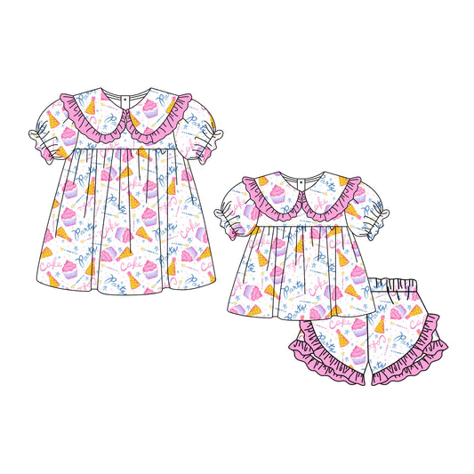 3.5 Custom moq 5 mix size Sibling Baby Girl's Short-Sleeved Top And Ruffle Short Set Cute Dress for Summer
