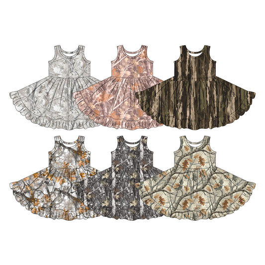 Custom moq 5 mix size Sibling Baby Girl's Leaf Camouflage Sleeveless Knee-Length Yoga Dress for Kids