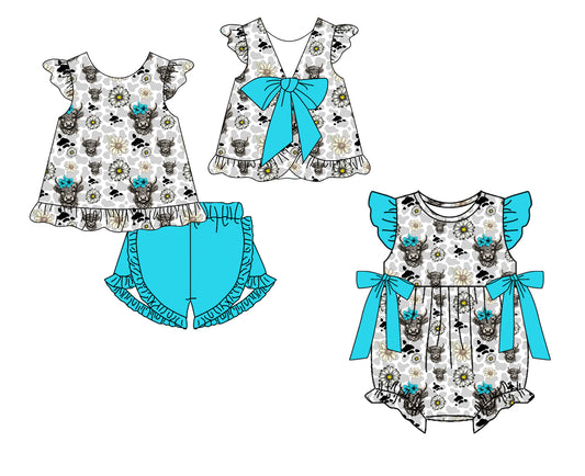 Custom moq 5 mix size Sibling Baby Girl cow Print Romper Set Sleeveless Top And Shorts Outfit for Spring/Summer