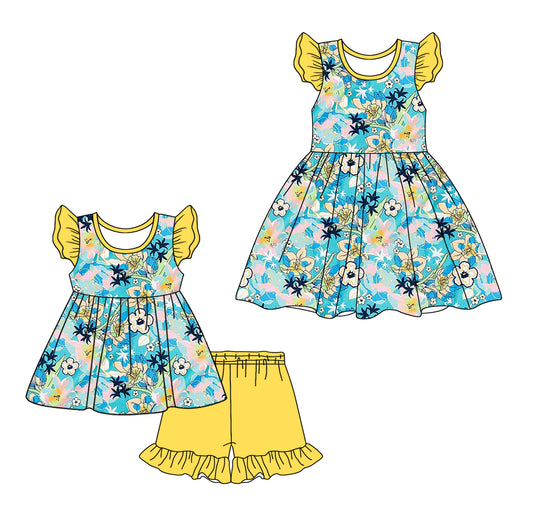 12.11 custom each style moq 5eta 4-6week Sibling Sister floral baby girl short sleeve shorts sets and dresses match design