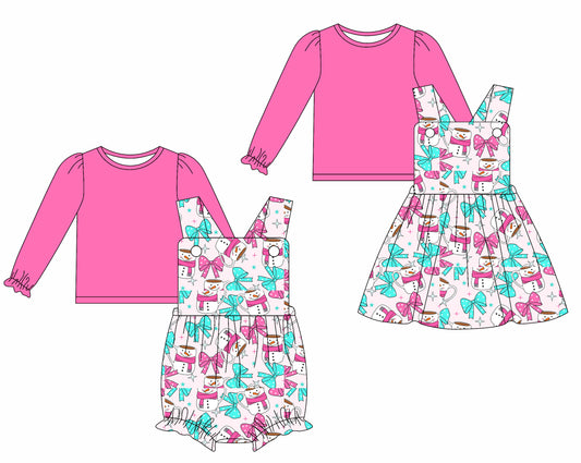25.6.19 custom each style moq 5eta 4-6week Sibling Sisters snowman bow baby girls short sleeve dress and short sleeve rompers and top 1 and top 2 match family design