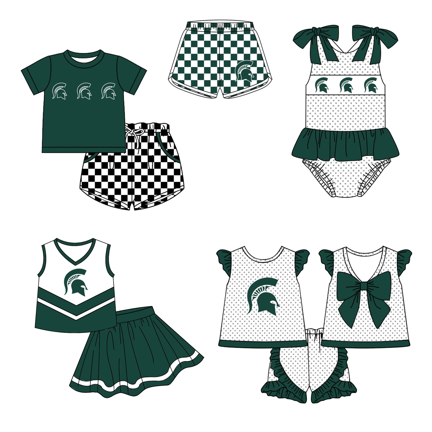 Custom moq 5 mix size milk silk summer teams Boy's Short Sleeved Green Top Plaid Shorts Set Girl's Short-Sleeved Set with Matching Swimsuits Adult Shorts