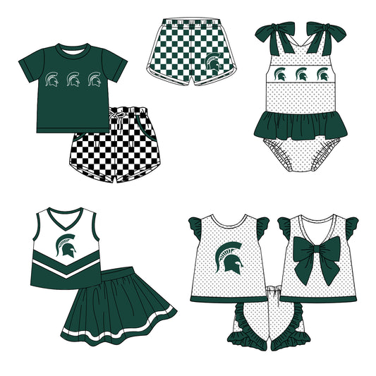 Custom moq 5 mix size milk silk summer teams Boy's Short Sleeved Green Top Plaid Shorts Set Girl's Short-Sleeved Set with Matching Swimsuits Adult Shorts