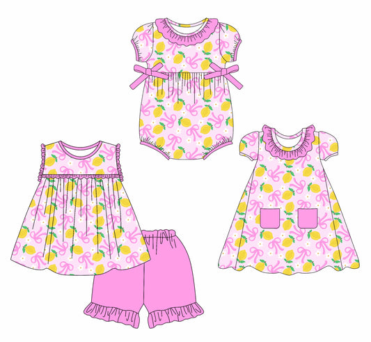 2.17 custom each style moq 5eta 4-6week Sibling Sisters lemon bow baby girl short sleeve shorts sets and dress and rompers match family design