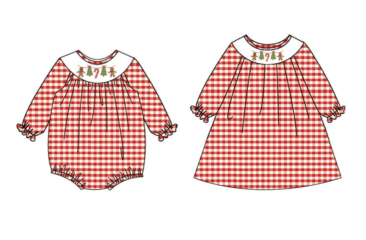 25.5.14 custom each style moq 5eta 4-6week Sibling Sisters Christmas trees baby girl long sleeve dress and rompers match family design
