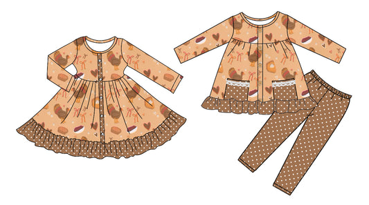 25.6.5 custom each style moq 5eta 4-6week Sibling Sisters turkey bow baby girl long sleeve pants sets and dress match family design